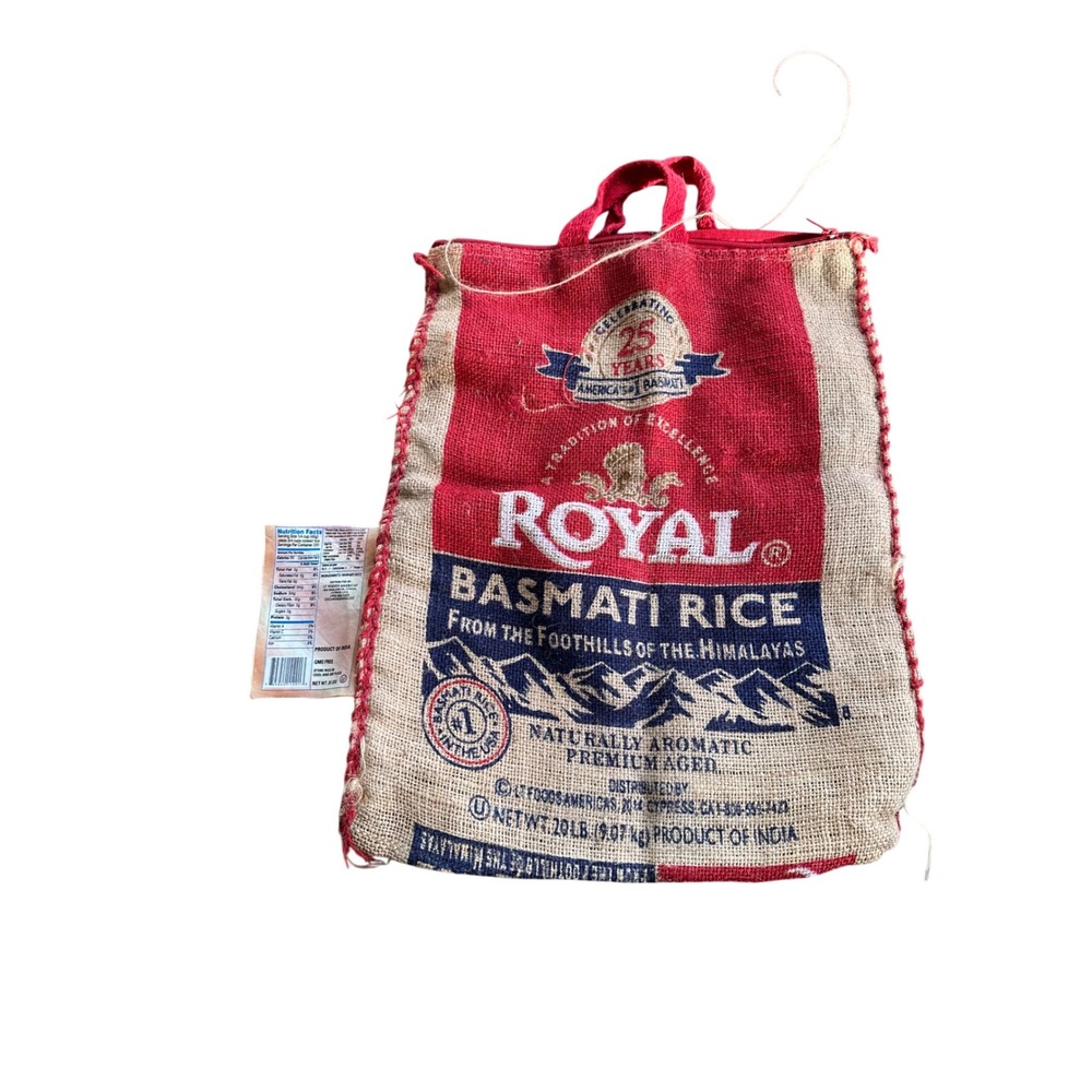 Royal Basmati Rice Burlap Jute Tote Bag Red Blue Zippered Storage Sack 18x14